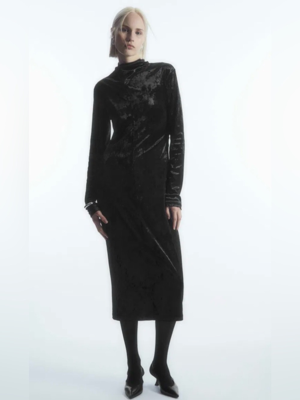 COS Black Velvet High-Neck Long-Sleeve Midi Dress